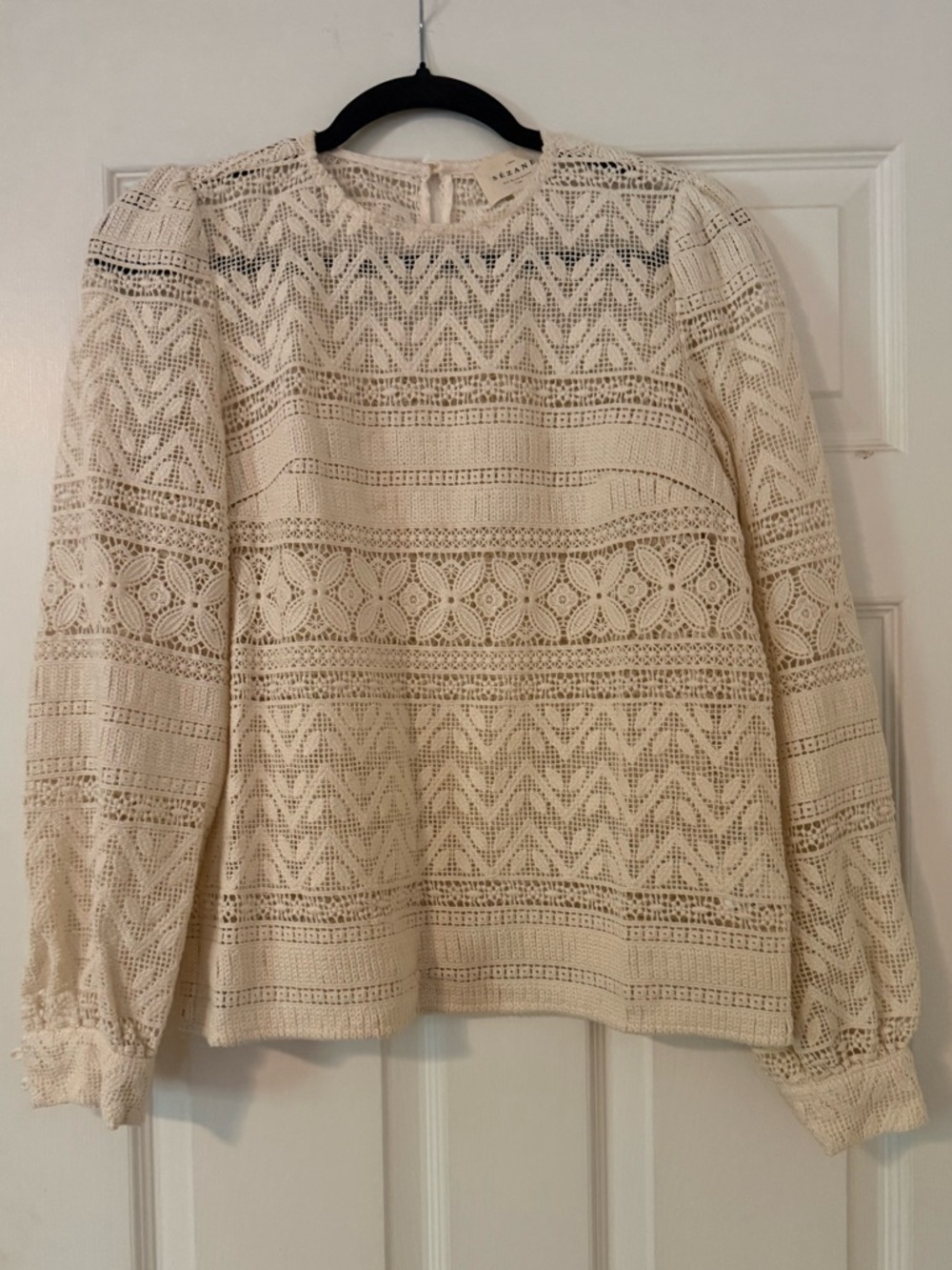 Sezane Women's Cream Crochet Lace Long-Sleeve Top